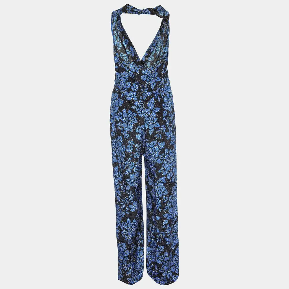 DVF Diane Von Furstenberg 100% Silk Black & Blue Halter Jumpsuit Women's Size 12 - Picture 14 of 16